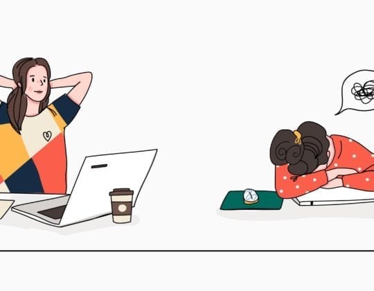 Illustration of women working on computers while dealing with a toxic work environment. One looks bored, the next has her arms up in frustration, the third has her head down in defeat, the fourth hold a coffee mug and looks disappointed.