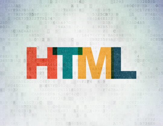 HTML written in big text over a background of numbers and letters in white