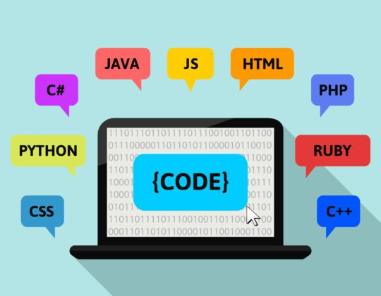 Programming language names around a laptop screen