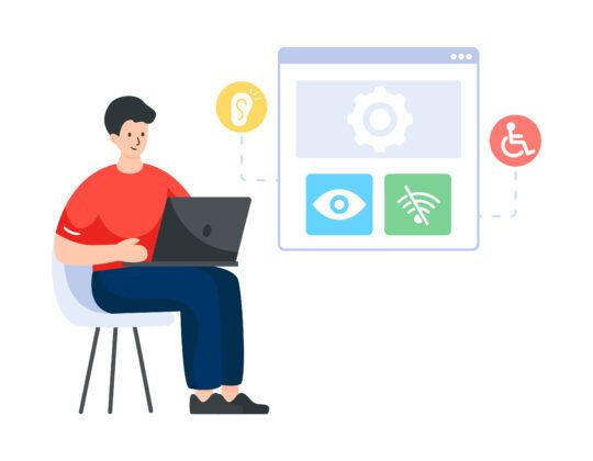 Man on computer with digital accessibility represented in illustrations