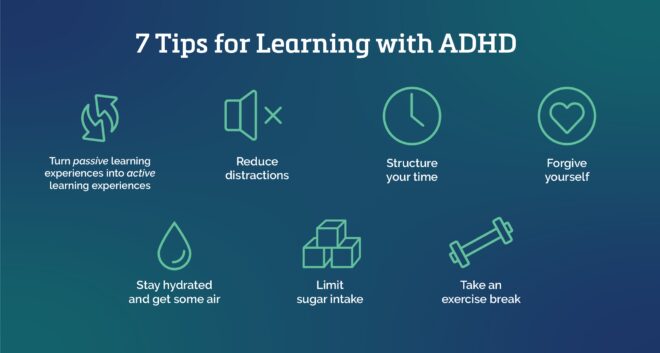 Infographic of 7 tips of learning with ADHD and Neurodiversity