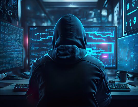 Person in a hooded sweatshirt with hood pulled up hacking on multiple computer screens.