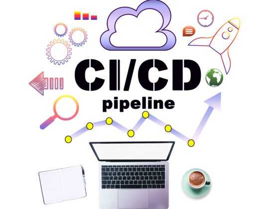 CI/CD Pipeline infographic with laptop