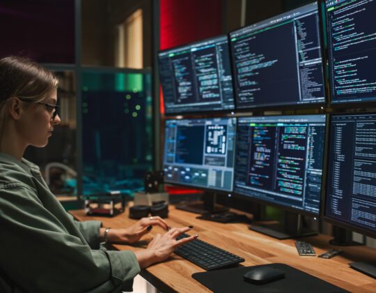 Woman debugging code on multiple computer screens